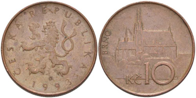 ЧЕХИЯ 10 КРОН 1993 КАФЕДРАЛЬНЫЙ СОБОР ГОРОДА БРНО KM 4 сталь плакированная медью 61-1124