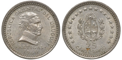 Уругвай 25 сентесимо 1960 KM 40 медно-никель 4169-937