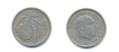 ИСПАНИЯ 5 ПЕСЕТ 1957 ФРАНСИСКО ФРАНКО ДИКТАТОР ИСПАНИИ (1939-1975) KM 786 медно-никель 23-414