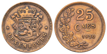 Люксембург 25 сантимов 1930 год-тип, Шарлотта (1918-1964) KM 42 бронза 4646-1147