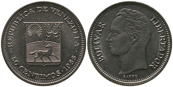 Венесуэла 50 сентимо 1988 Симон Боливар KM 41a сталь плакированная никелем 4525-853