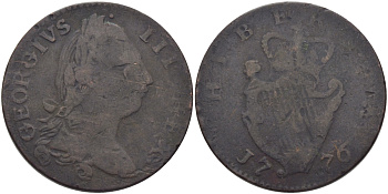 ИРЛАНДИЯ 1/2 ПЕННИ 1776 ГЕОРГ III, ТИП III, БОЛЬШАЯ ГОЛОВА KM 140 медь 72-113