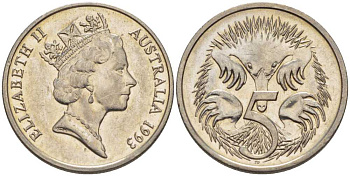 АВСТРАЛИЯ 5 ЦЕНТОВ 1993 ЕЛИЗАВЕТА II, ВТОРОЙ ПОРТРЕТ В КОРОНЕ, ЕХИДНА KM 80 медно-никель 105-267