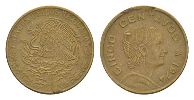 Мексика 5 сентаво 1974 Жозефа Ортис де Домингес KM 427 латунь 4655-1049