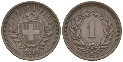 Швейцария 1 раппен 1910 B KM 3 бронза 4532-242