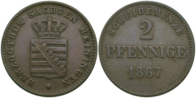 Саксен-Мейнинген 2 пфеннига 1867 Георг II (1866-1914) KM 174 медь 99-654