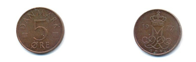 ДАНИЯ 5 ЭРЕ 1977 S; B, МАРГРЕТЕ II (1972-) KM 859.1 железо плакированное медью 4379-754