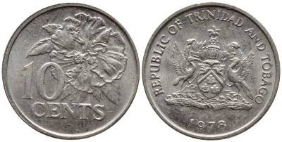 Тринидад и Тобаго 10 центов 1978 цветок гибискуса KM 31 медно-никель 4396-864