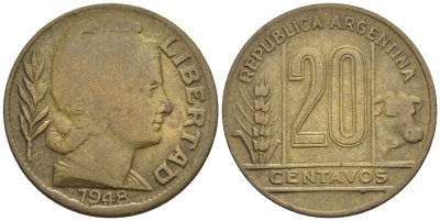 Аргентина 20 сентаво 1948 голова свободы вправо KM 42, CJ 202, Schon 45 алюминиевая бронза    60-924