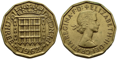 Великобритания 3 пенса 1962 Елизавета II (1952-2022) KM 900, Spink 4153 никель латунь 4393-1144
