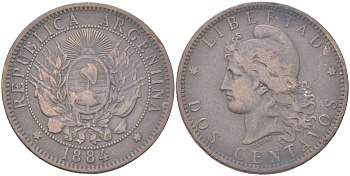 Аргентина 2 сентаво 1884 KM 33 бронза 4394-126