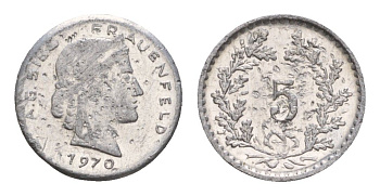 Франция игровой жетон в 5 франков 1970 диаметр 13 мм, вес 0,23 гр алюминий 4651-1225