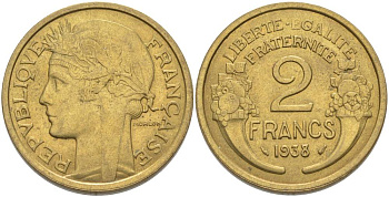 ФРАНЦИЯ 2 ФРАНКА 1938 ТИП MORLON KM 886, LE FRANC 268.11 алюминиевая бронза 3855-123