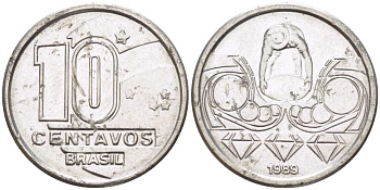 Бразилия 10 сентаво 1989 золотодобыча KM 613 нержавеющая сталь 112-155