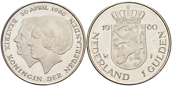 Нидерланды 1 гульден 1980 на коронацию Беатрикс, 30 апреля 1980 KM 200 никель 4175-246