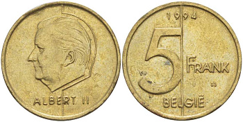 БЕЛЬГИЯ 5 ФРАНКОВ 1994 BELGIE, АЛЬБЕРТ II (1993-) KM 190 алюминиевая бронза 4379-1145
