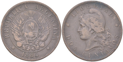 Аргентина 2 сентаво 1884 KM 33 бронза 4394-126