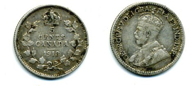 КАНАДА 5 ЦЕНТОВ 1913 ГЕОРГ V серебро 46-545