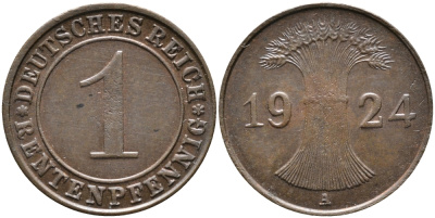 Германия 1 рентенпфенниг 1924 A KM 30, J. 306 бронза UNC 66-715