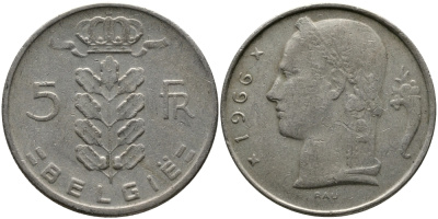 БЕЛЬГИЯ 5 ФРАНКОВ 1966 BELGIE KM 135.1 медно-никель 98-545