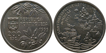 Португалия 200 эскудо 1995 INCM, Путешествие на Молуккские острова в 1512 году KM 682 медно-никель aUNC 00-00