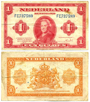 Нидерланды 1 гульден 1943 7 февраля 1943, Вильгельмина Pick 64 бумага 6287-4-4