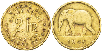 Бельгийское Конго 2 франка 1946 слон KM 28 латунь 4541-1024