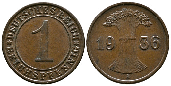 Германия 1 рейхспфенниг 1936 A KM 37, J. 313 бронза 220-137