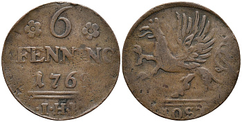 Росток 6 пфеннигов 1762 KM 14 медь 34-916