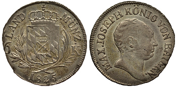 Бавария 6 крейцеров 1825 Максимилиан I Иосиф (1806-1825) KM 346, Jaeger 10, AKS 52. серебро 1517-742