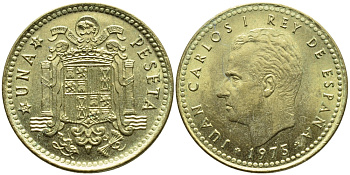 ИСПАНИЯ 1 ПЕСЕТА 1975 (77) ХУАН КАРЛОС I (1975-) КМ 806 алюминиевая бронза 4395-352