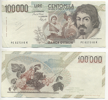 Италия 100000 лир 1983 Караваджо, фруктовый букет, подпись Stevani Pick 110а бумага 7220-5-1