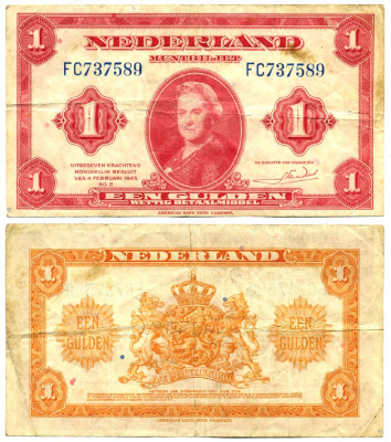 Нидерланды 1 гульден 1943 7 февраля 1943, Вильгельмина Pick 64 бумага 6287-4-4