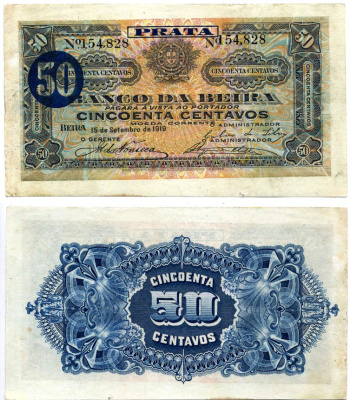 Мозамбик, Португальский 50 сентаво 1919 15 сентября 1919, БАНК BEIRA Pick R4a бумага XF+ 7457-31-1-2