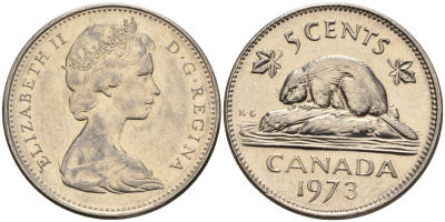 Канада 5 центов 1973 бобр, Елизавета II (1952-) KM 60.1 никель    4148-1226
