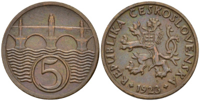Чехословакия 5 геллеров 1923 KM 6 медь цинк 4152-639