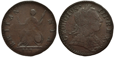 Великобритания 1 фартинг 1773 Георг III (1760-1820) KM 602, Spink 3775 медь 1523-1024