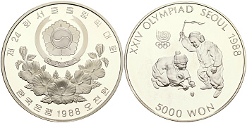 Южная Корея 5000 вон 1988 XXIV Летние Олимпийские игры в Сеуле 1988 года, дети KM 71 серебро PROOF 06-245-24