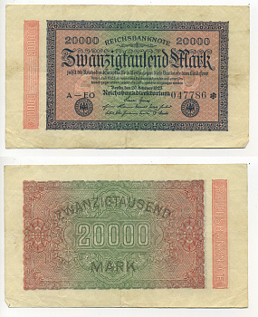 ГЕРМАНИЯ 20000 МАРОК 1923 20 ФЕВРАЛЯ 1923, ВОДЯНОЙ ЗНАК J Pick 85f бумага 6317-19-3