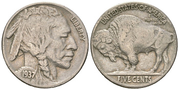 США 5 центов 1937 индеец, бизон KM 134 медно-никель 4602-235