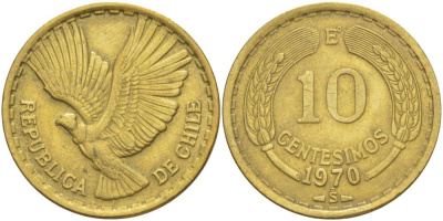 Чили 10 сентесимо 1970 большая дата KM 191 алюминиевая бронза 4519-546