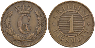 ДАНИЯ 1 СКИЛЛИНГ 1872 КРИСТИАН IX (1863-1906) KM 774 бронза 100-339