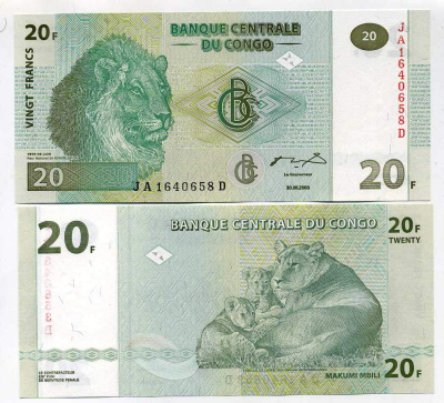 ДР Конго 20 франков 2003 львы Pick 94 a бумага UNC (пресс) 448-69-2