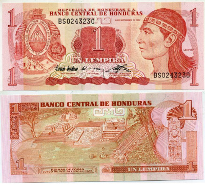 ГОНДУРАС 1 ЛЕМПИРА 1992 10 СЕНТЯБРЯ 1992, РУИНЫ КОПАН, ОСТАТКИ ДРЕВНЕГО ГОРОДА ИНКОВ В ГОНДУРАСЕ Pick 71 бумага UNC (ПРЕСС) 6317-47-3