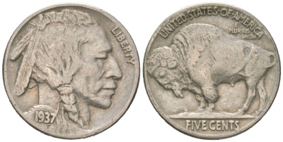 США 5 центов 1937 индеец, бизон KM 134 медно-никель 4602-235
