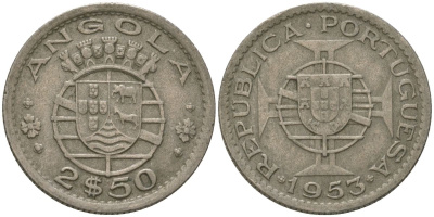 Ангола 2 1/2 эскудо 1953 KM 77 медно-никель 4621-647
