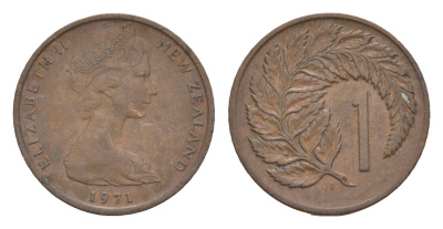 Новая Зеландия 1 цент 1971 Елизавета II (1952-2022), лист папоротника KM 31.1 бронза 4655-1132
