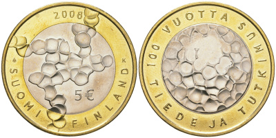 Финляндия 5 евро 2008 100 лет Финской академии наук и исследований KM 141 биметалл  UNC  650-525