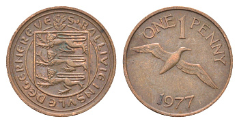 Гернси 1 пенни 1977 Елизавета II (1952-2022), северная олуша в полете KM 27 бронза 4702-719