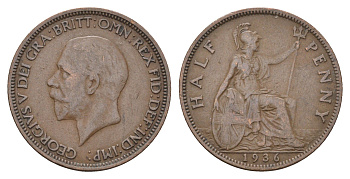 Великобритания 1/2 пенни 1936 Георг V (1910-1936) KM 837, Spink 4058 бронза    4660-557